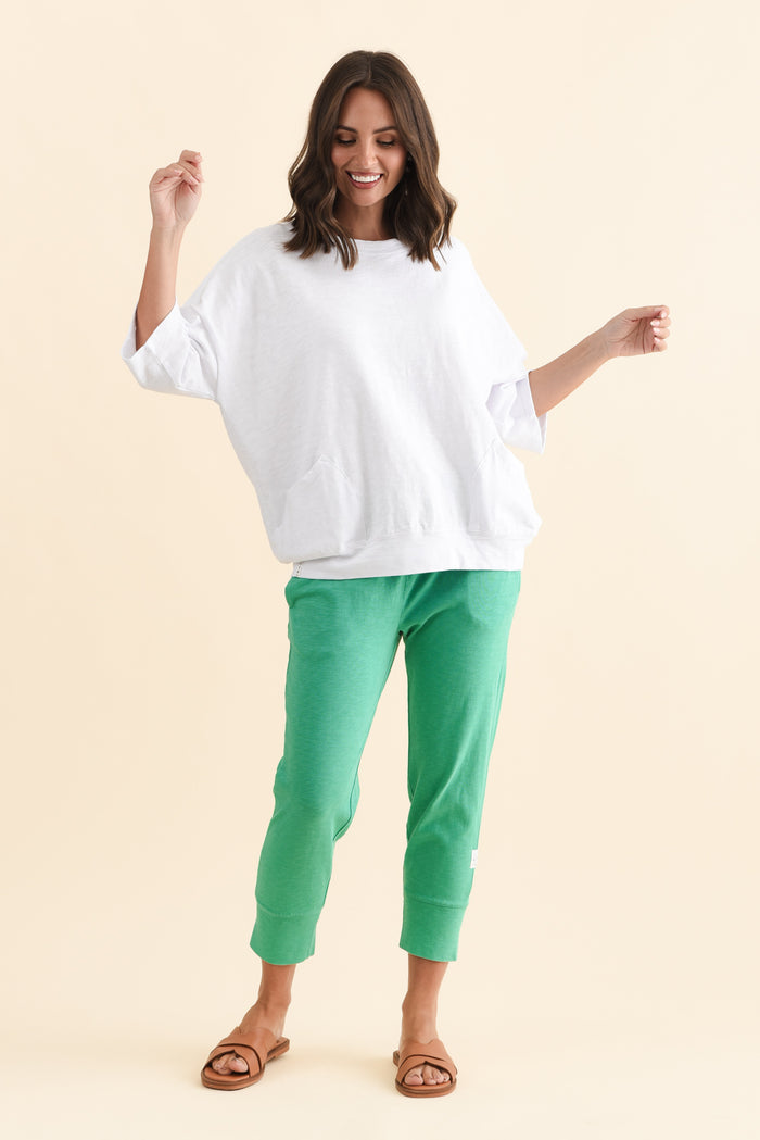 Mazie White Cotton Sweat,Brunette model,alt text|model:MJ