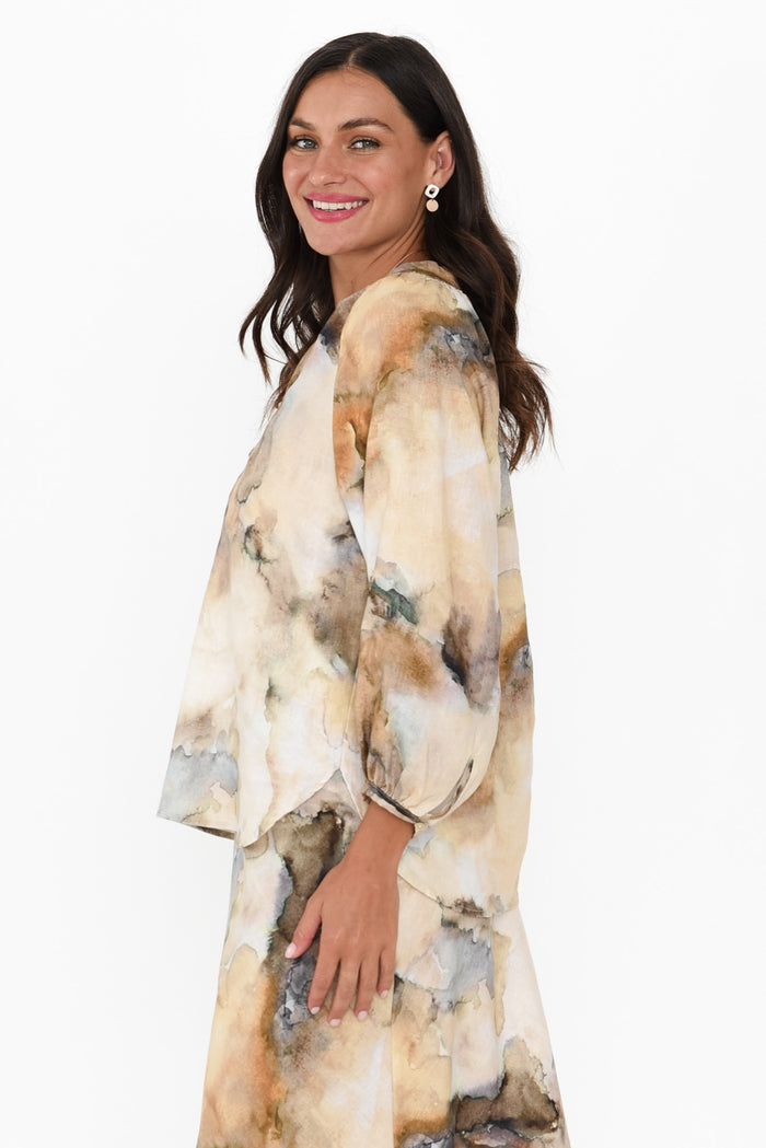 Meru Beige Marble Linen Button Blouse,Brunette model,alt text|model:Brontie