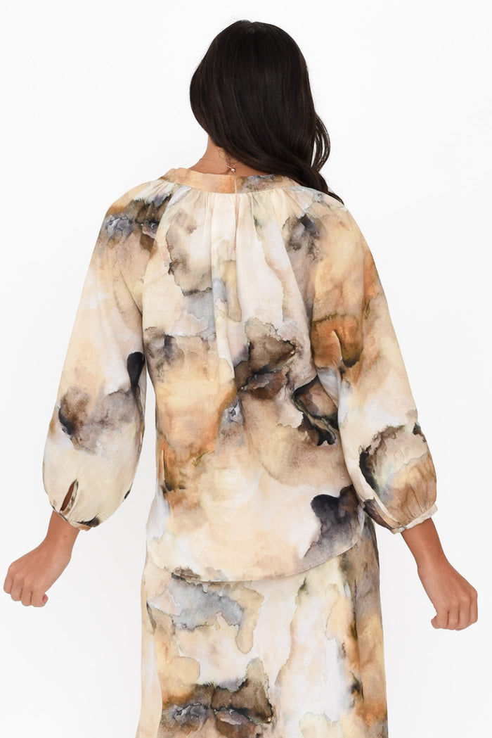 Meru Beige Marble Linen Button Blouse,Brunette model,alt text|model:Brontie