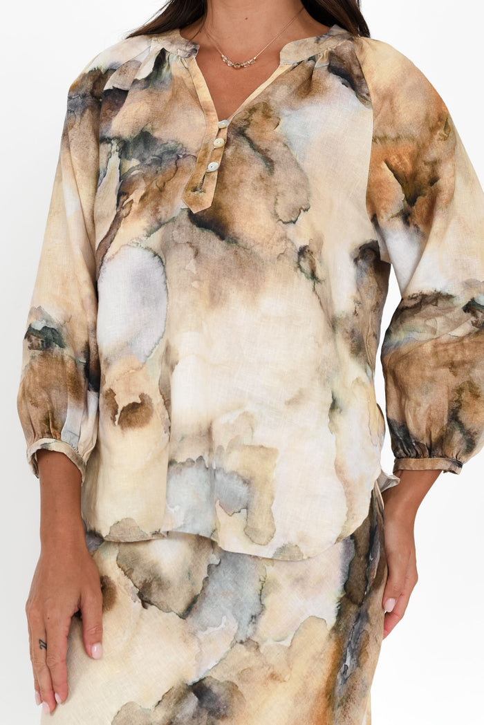 Meru Beige Marble Linen Button Blouse,Brunette model,alt text|model:Brontie