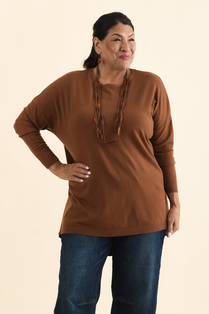 Meryl Chocolate Wool Blend Drape Jumper,Brunette model,alt text|model:Pilita