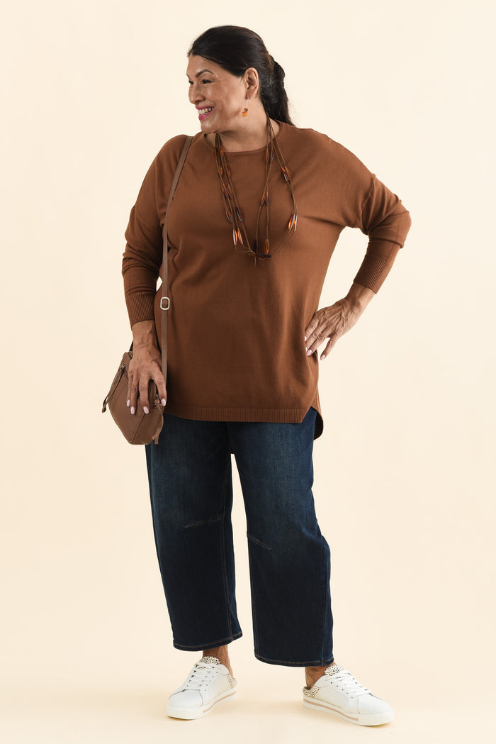 Meryl Chocolate Wool Blend Drape Jumper,Brunette model,alt text|model:Pilita