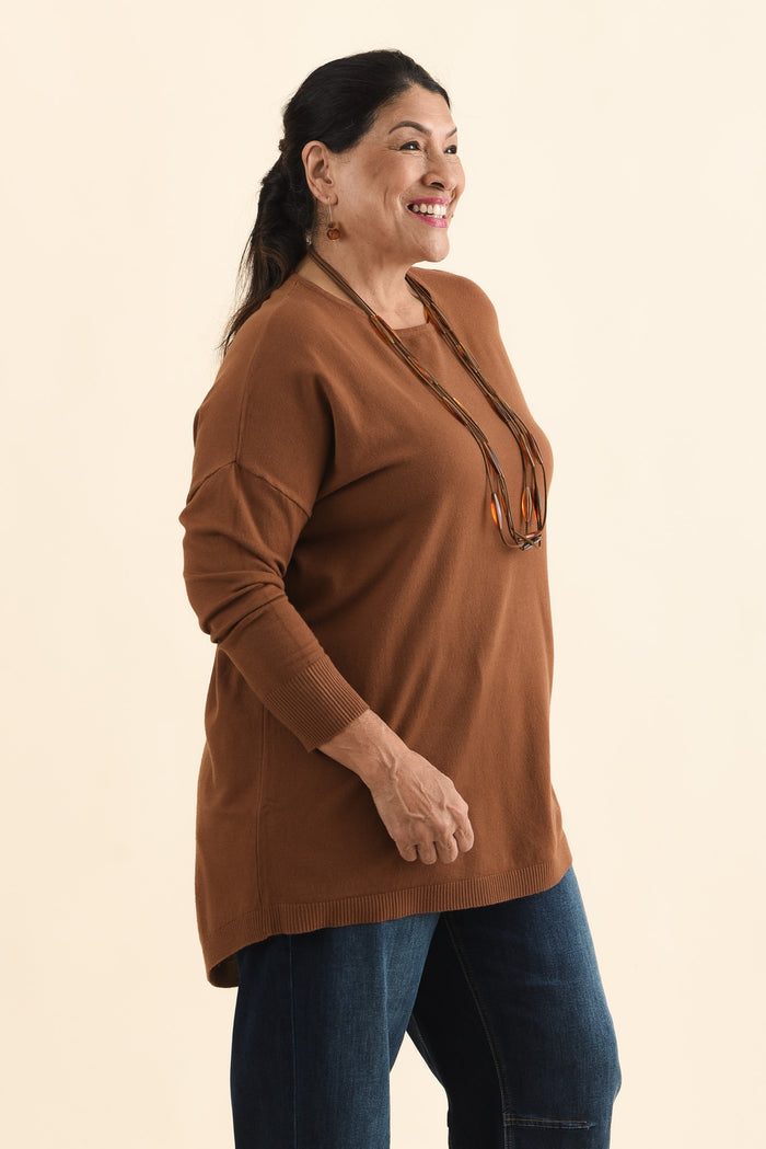 Meryl Chocolate Wool Blend Drape Jumper,Brunette model,alt text|model:Pilita