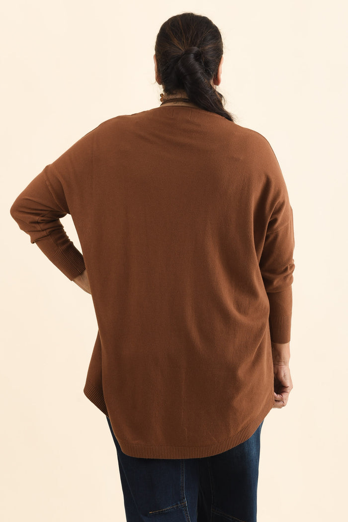 Meryl Chocolate Wool Blend Drape Jumper,Brunette model,alt text|model:Pilita