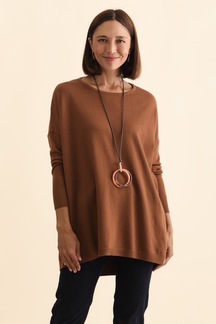 Meryl Chocolate Wool Blend Drape Jumper,Brunette model,alt text|model:Cara