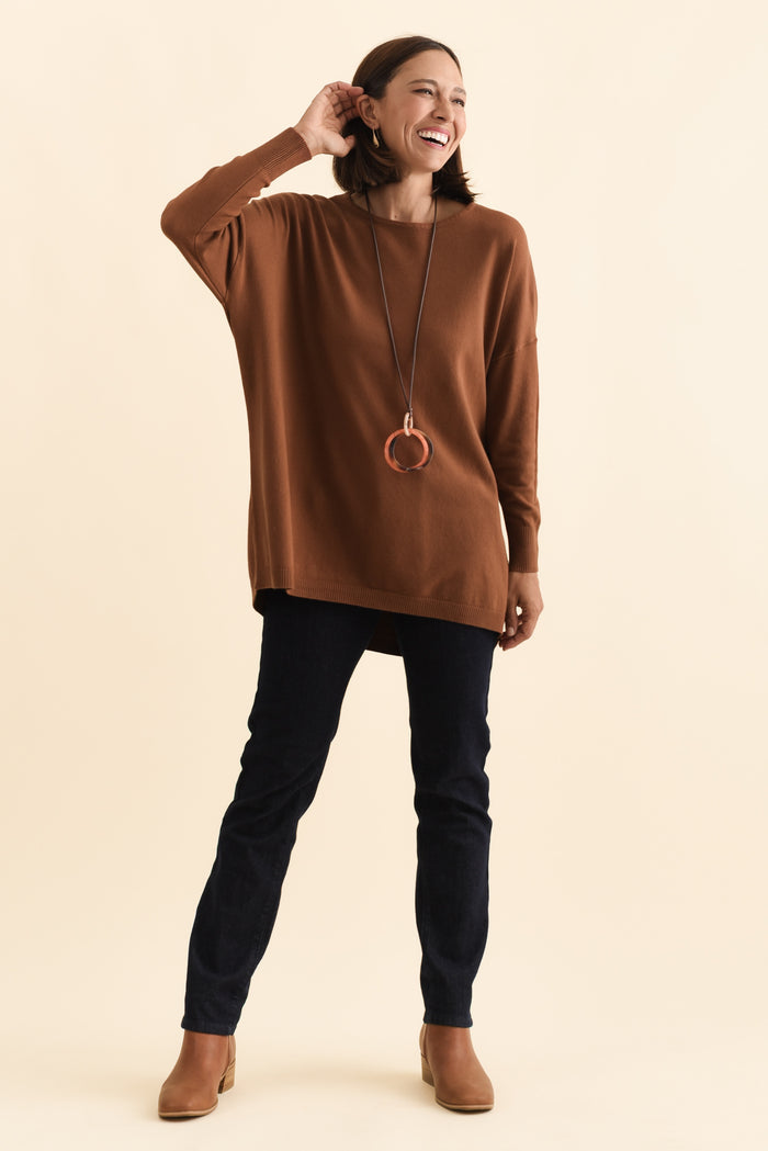 Meryl Chocolate Wool Blend Drape Jumper,Brunette model,alt text|model:Cara