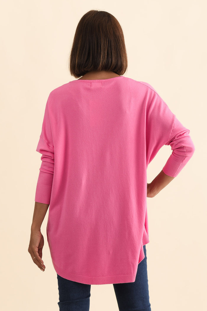 Meryl Hot Pink Wool Blend Drape Jumper,Brunette model,alt text|model:Cara