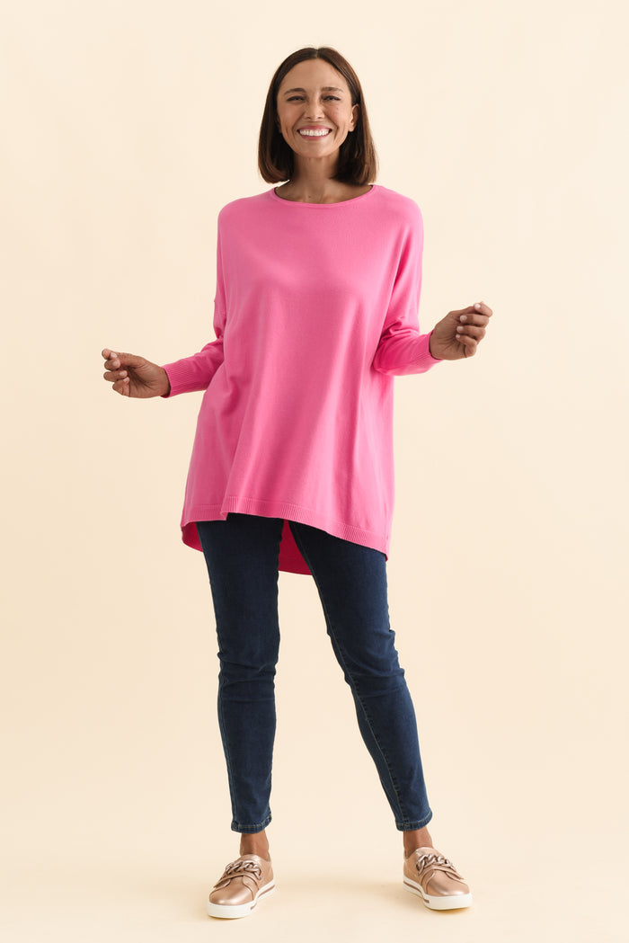 Meryl Hot Pink Wool Blend Drape Jumper,Brunette model,alt text|model:Cara