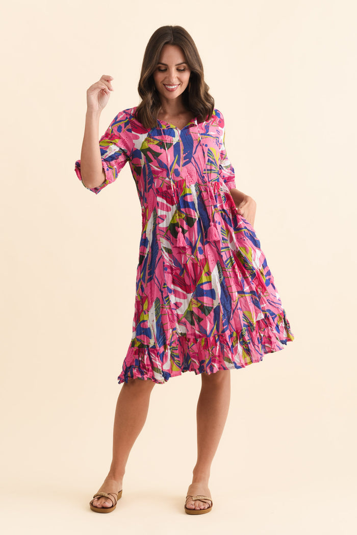 Mila Fuchsia Leaf Crinkle Cotton Dress