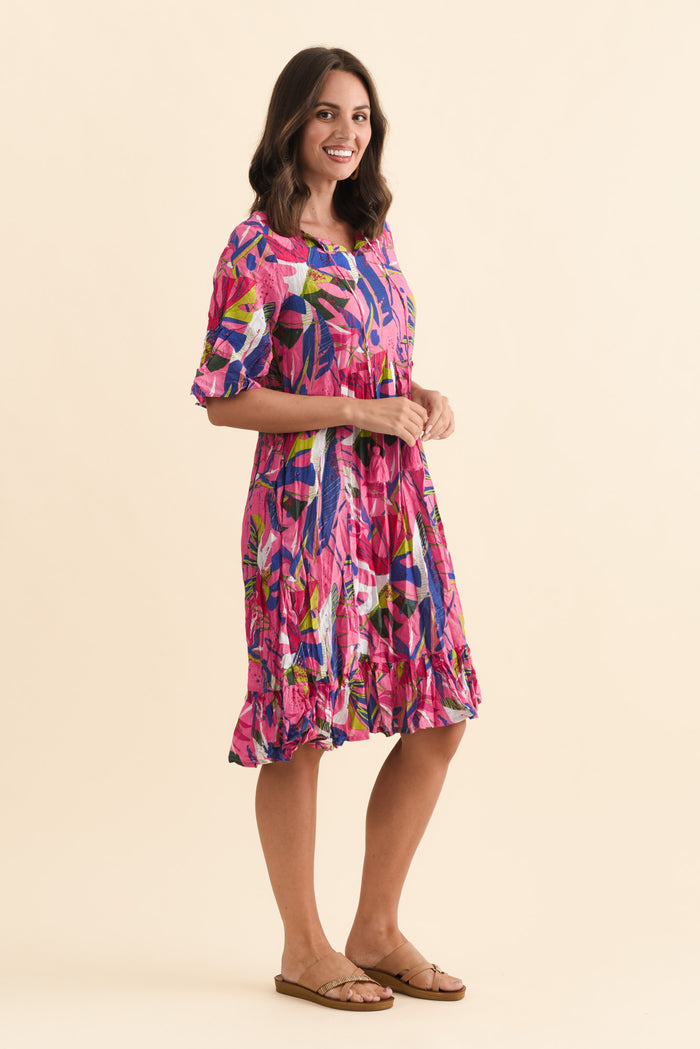 Mila Fuchsia Leaf Crinkle Cotton Dress