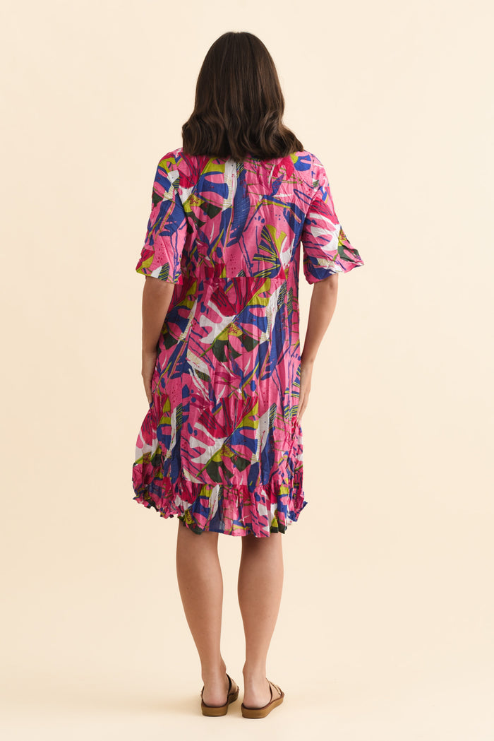 Mila Fuchsia Leaf Crinkle Cotton Dress