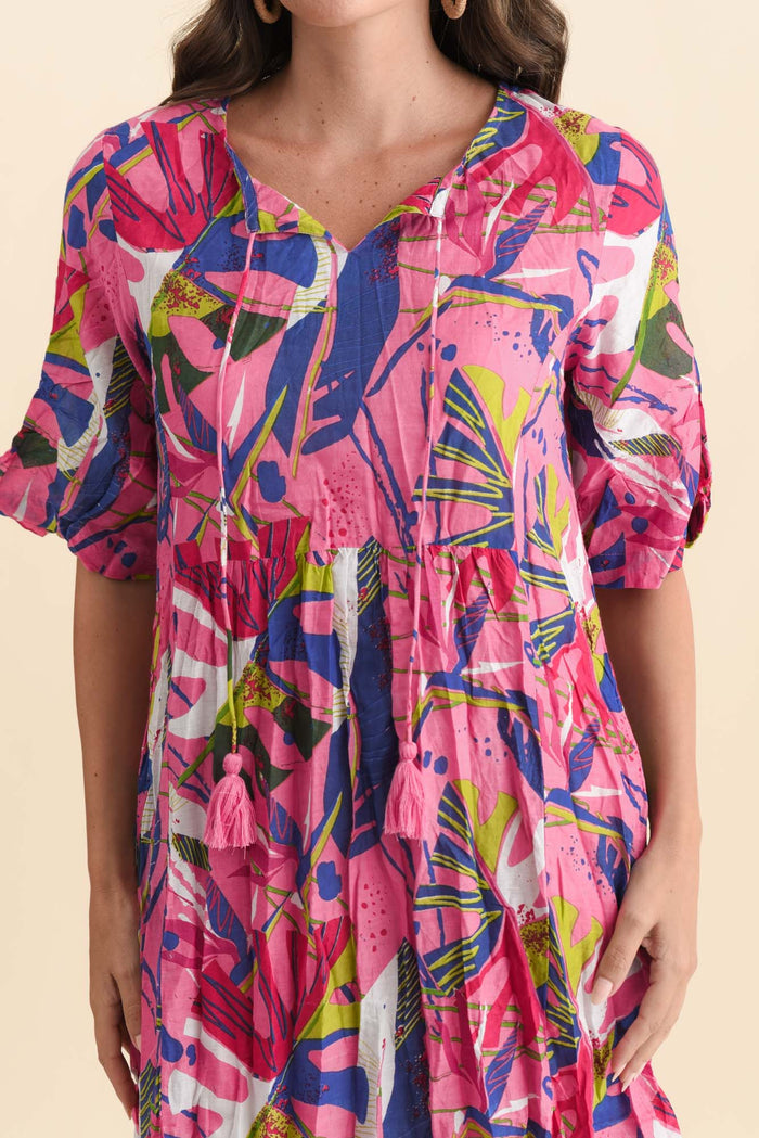 Mila Fuchsia Leaf Crinkle Cotton Dress