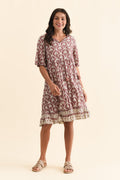 Mila Taupe Palm Crinkle Cotton Dress,Brunette model,alt text|model:Brontie