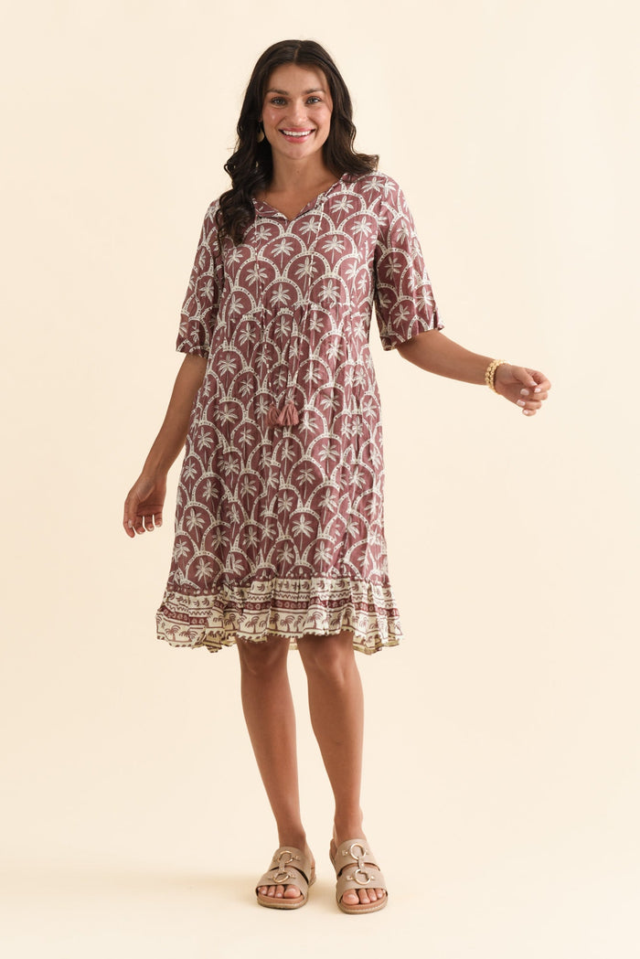 Mila Taupe Palm Crinkle Cotton Dress,Brunette model,alt text|model:Brontie