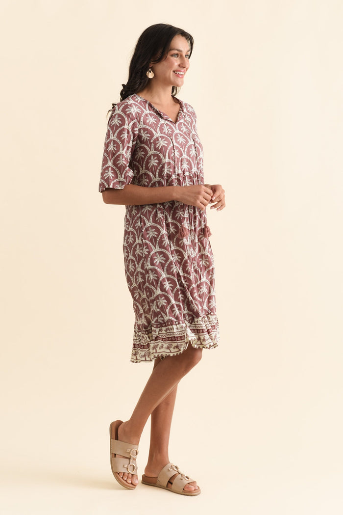 Mila Taupe Palm Crinkle Cotton Dress,Brunette model,alt text|model:Brontie
