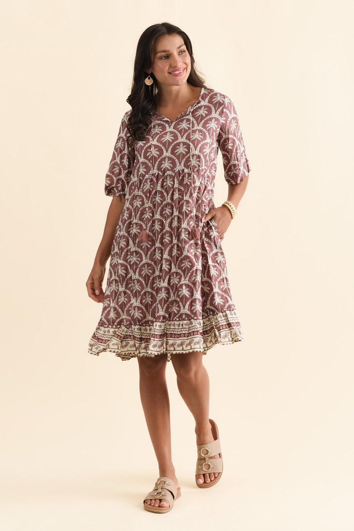 Mila Taupe Palm Crinkle Cotton Dress,Brunette model,alt text|model:Brontie