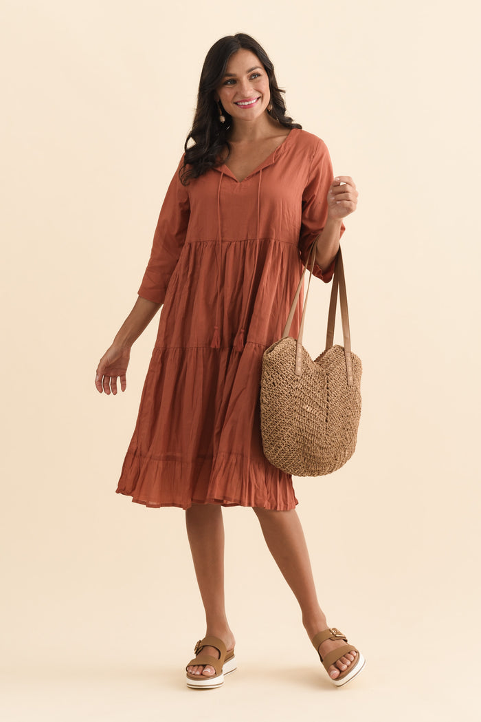 Milana Rust Crinkle Cotton Dress,Brunette model,alt text|model:Brontie