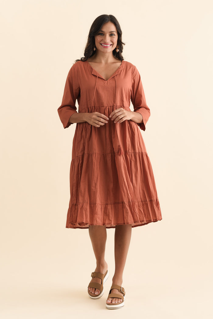 Milana Rust Crinkle Cotton Dress,Brunette model,alt text|model:Brontie