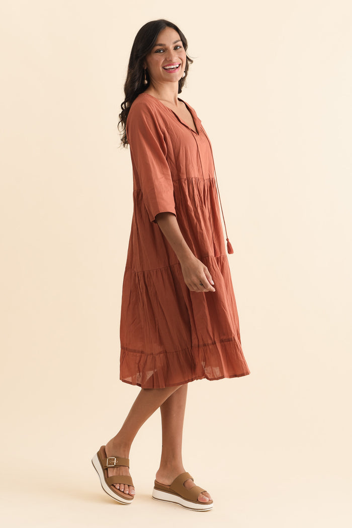 Milana Rust Crinkle Cotton Dress,Brunette model,alt text|model:Brontie