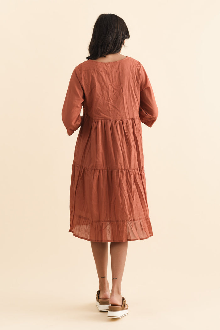Milana Rust Crinkle Cotton Dress,Brunette model,alt text|model:Brontie