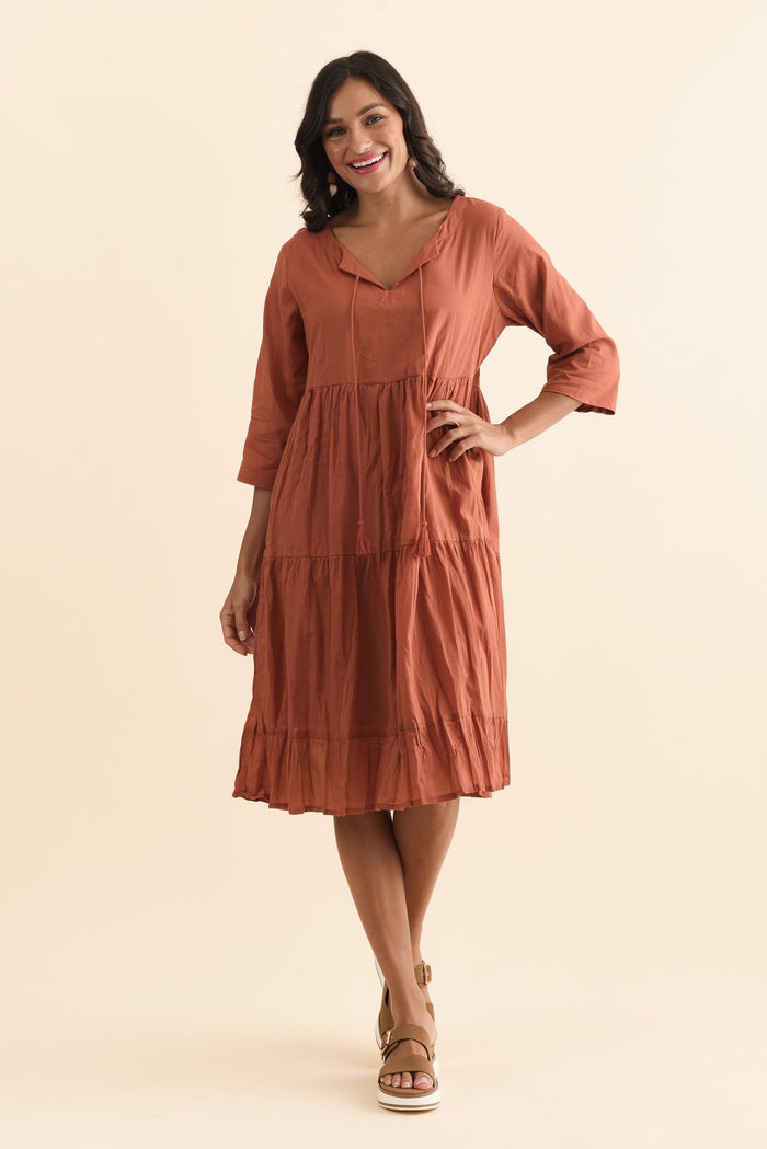 Milana Rust Crinkle Cotton Dress,Brunette model,alt text|model:Brontie