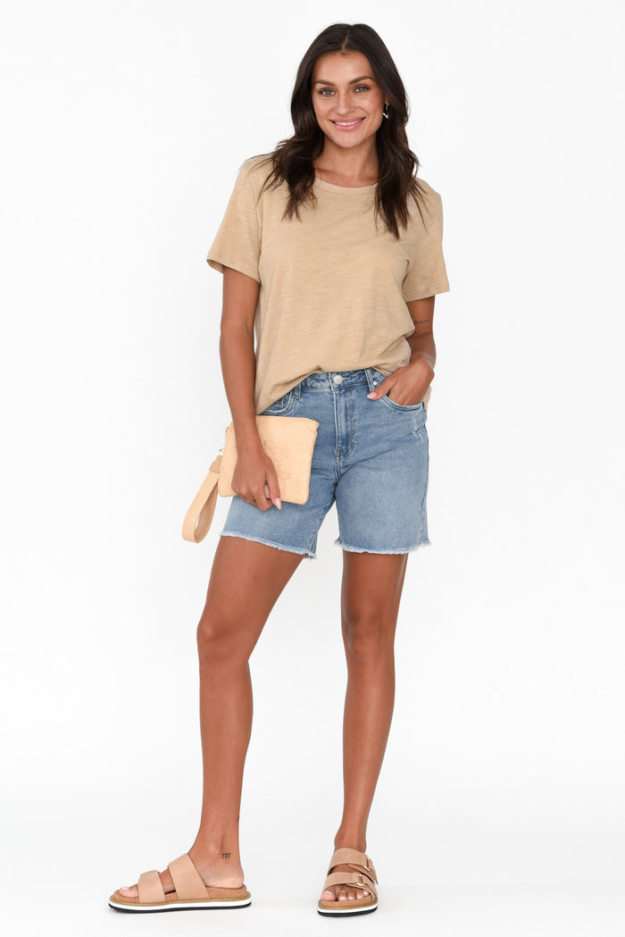 Millie Light Blue Denim Shorts,Brunette model,alt text|model:Brontie