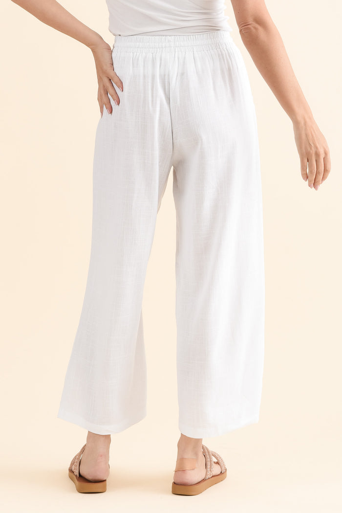Minnelli White Linen Cotton Pants,Back,Brunette model,alt text|model:MJ