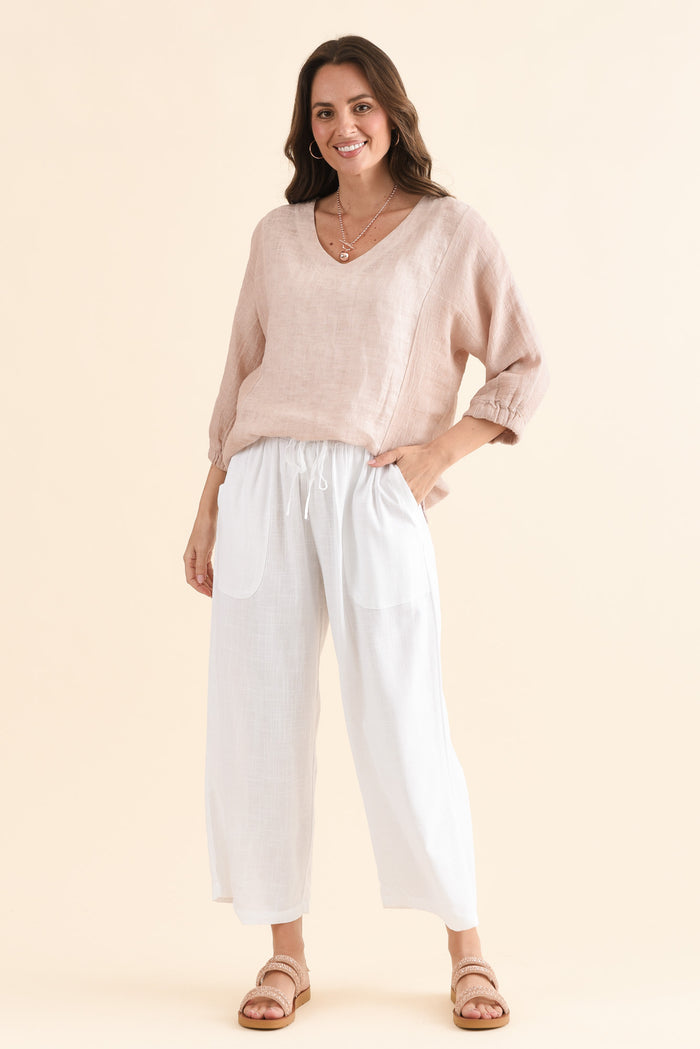 Minnelli White Linen Cotton Pants,Full Body,Brunette model,alt text|model:MJ