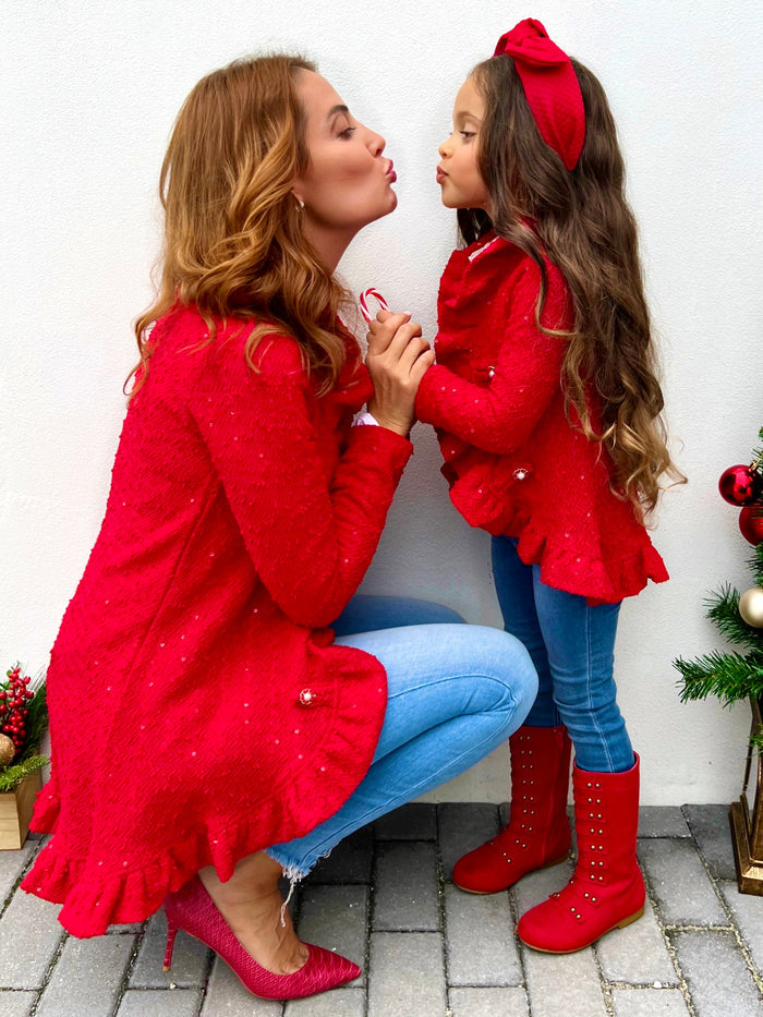 Mia Belle Burgundy Blazer Ruffle Cardigan | Mommy and Me Clothes