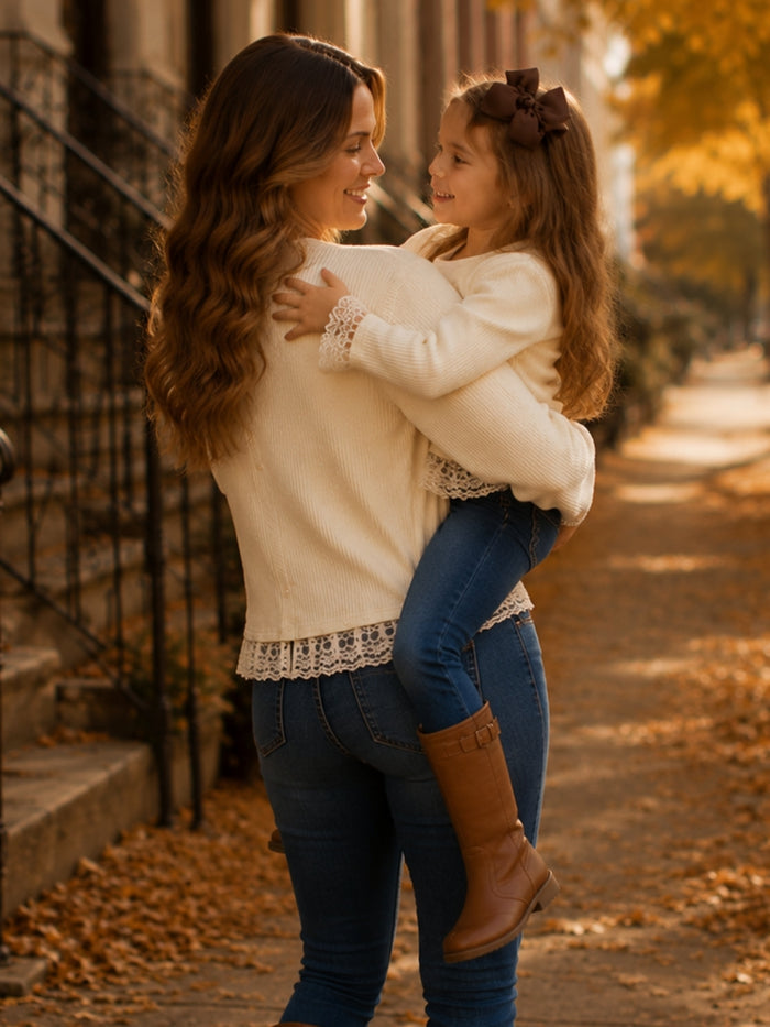 Matching Mommy & Me ivory knit cardigans with lace hem.