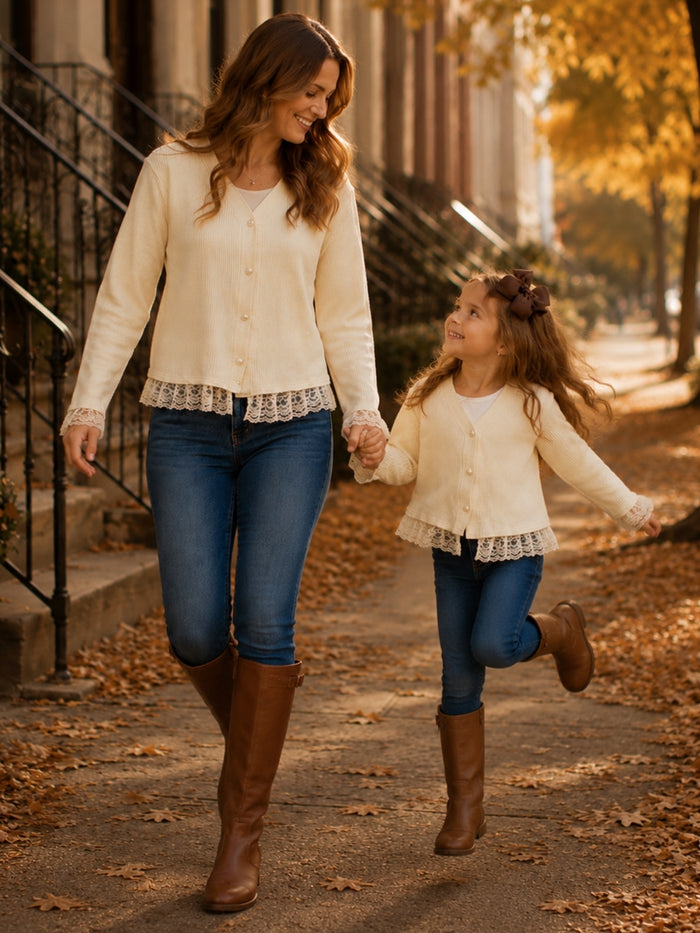 Soft ribbed Mommy & Me cardigan with lace trim.