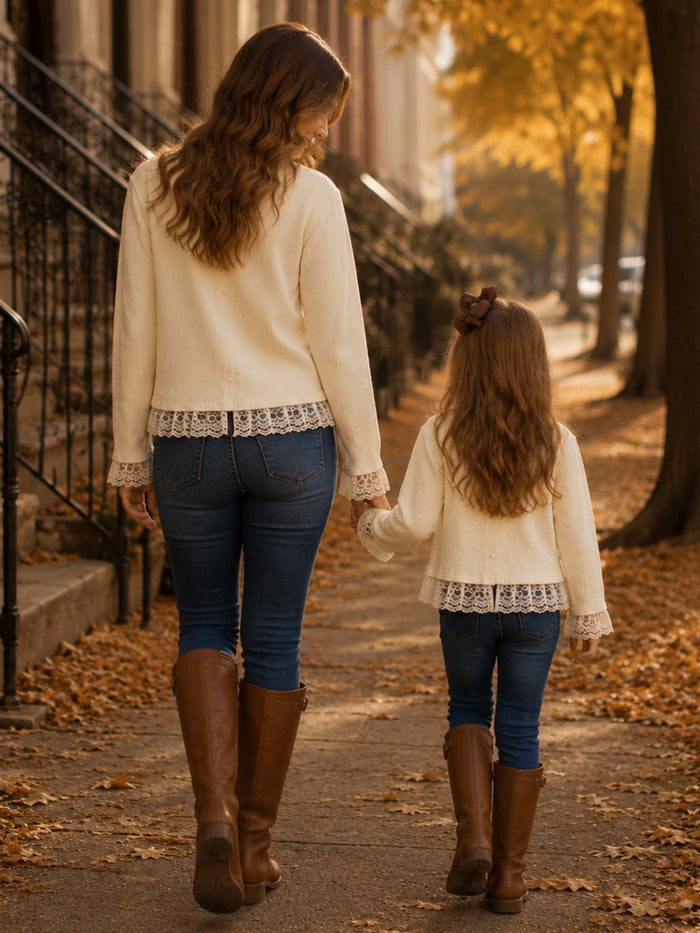 Mommy & Me ivory layering cardigan.