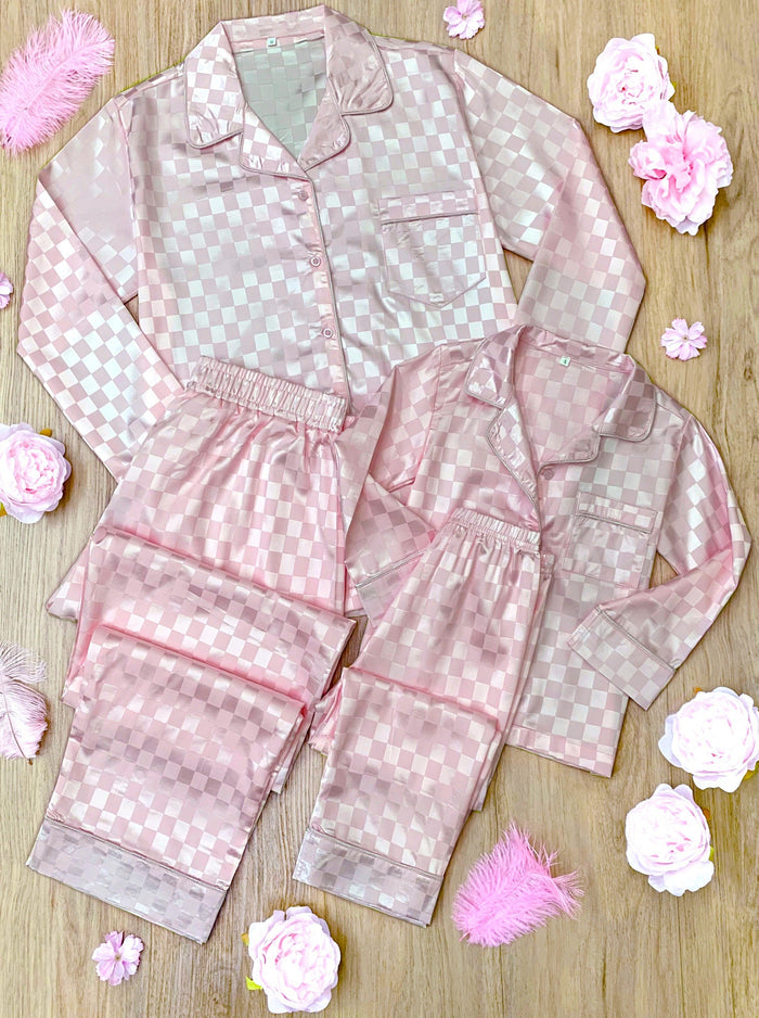 Mia Belle Girls Pink Checkered Silk Pajamas | Mommy and Me Pajamas