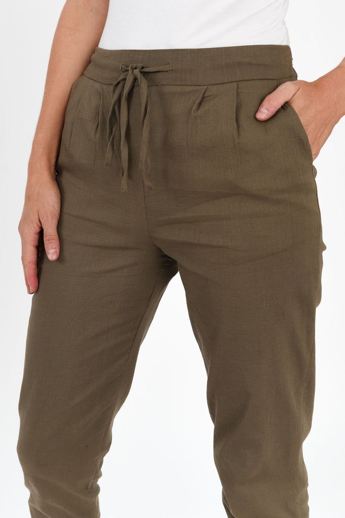 Montgomery Khaki Drawstring Pants,Blonde model,alt text|model:Anthea