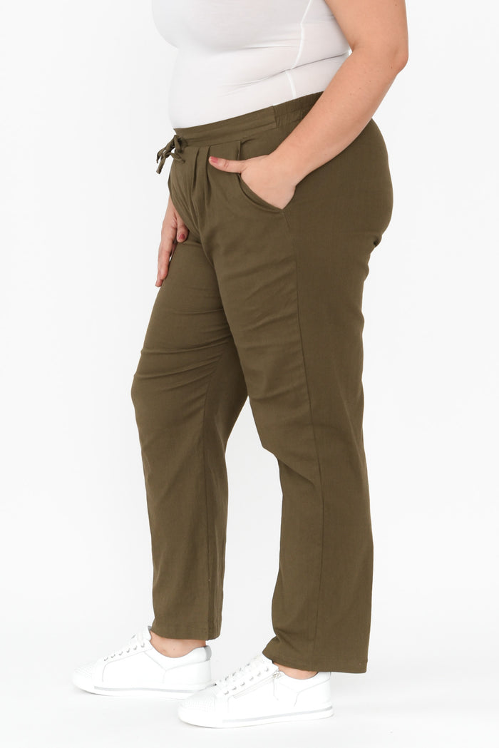 Montgomery Khaki Drawstring Pants,Brunette model,alt text|model:Gabby