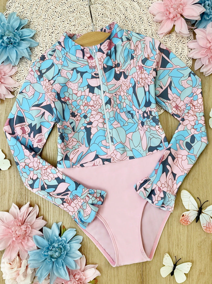 Mia Belle Girls Floral Rash Guard Swimsuit | One Piece Swimsuits