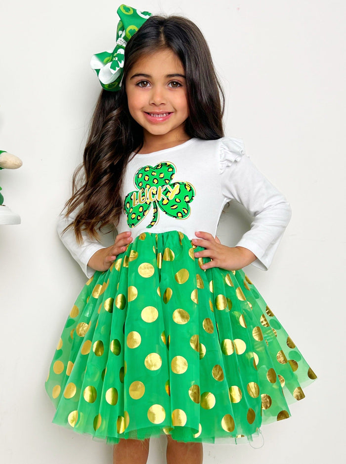 St. Patrick's Day Dress | Little Girls Golden Polka Dot Tutu Dress