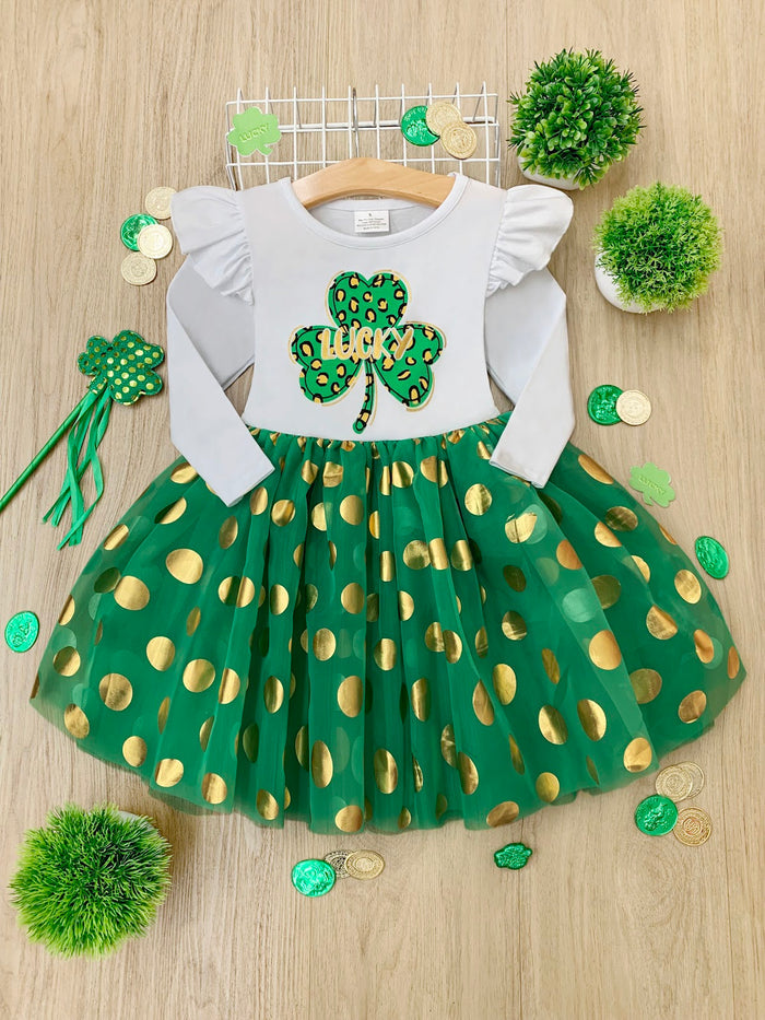 St. Patrick's Day Dress | Little Girls Golden Polka Dot Tutu Dress