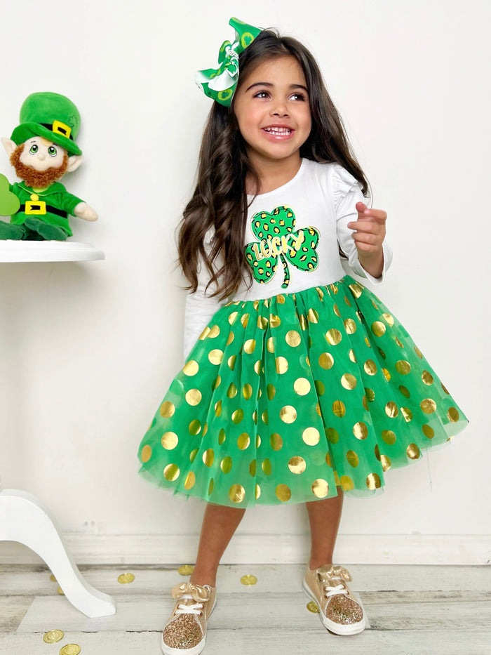 St. Patrick's Day Dress | Little Girls Golden Polka Dot Tutu Dress