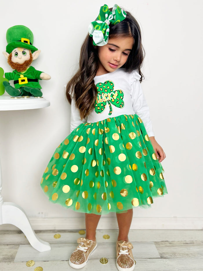 St. Patrick's Day Dress | Little Girls Golden Polka Dot Tutu Dress