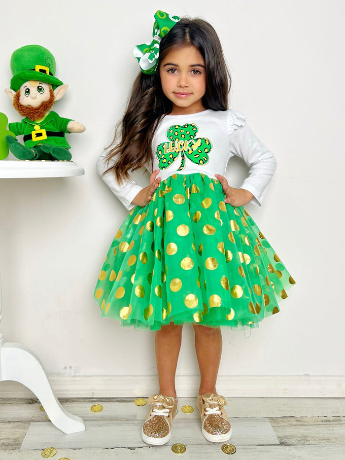 St. Patrick's Day Dress | Little Girls Golden Polka Dot Tutu Dress