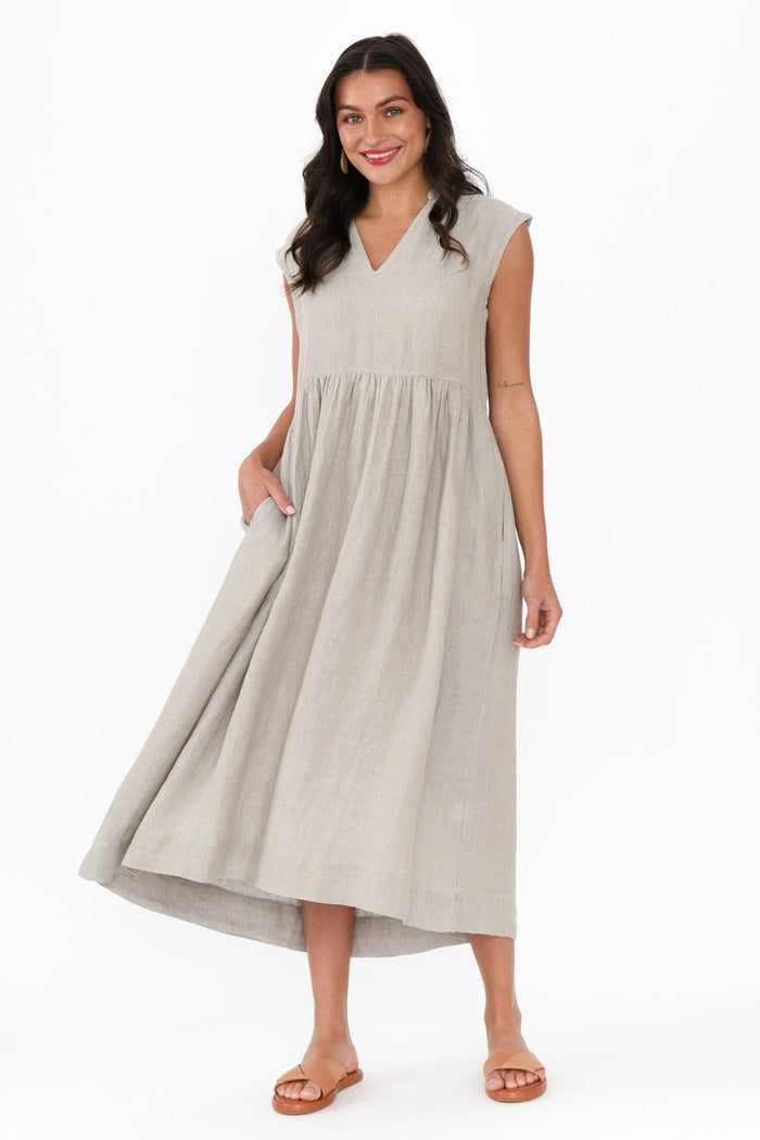 Myra Grey Linen Midi Dress,Brunette model,alt text|model:Brontie