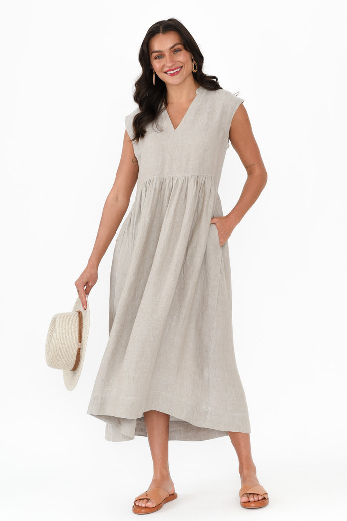 Myra Grey Linen Midi Dress,Brunette model,alt text|model:Brontie