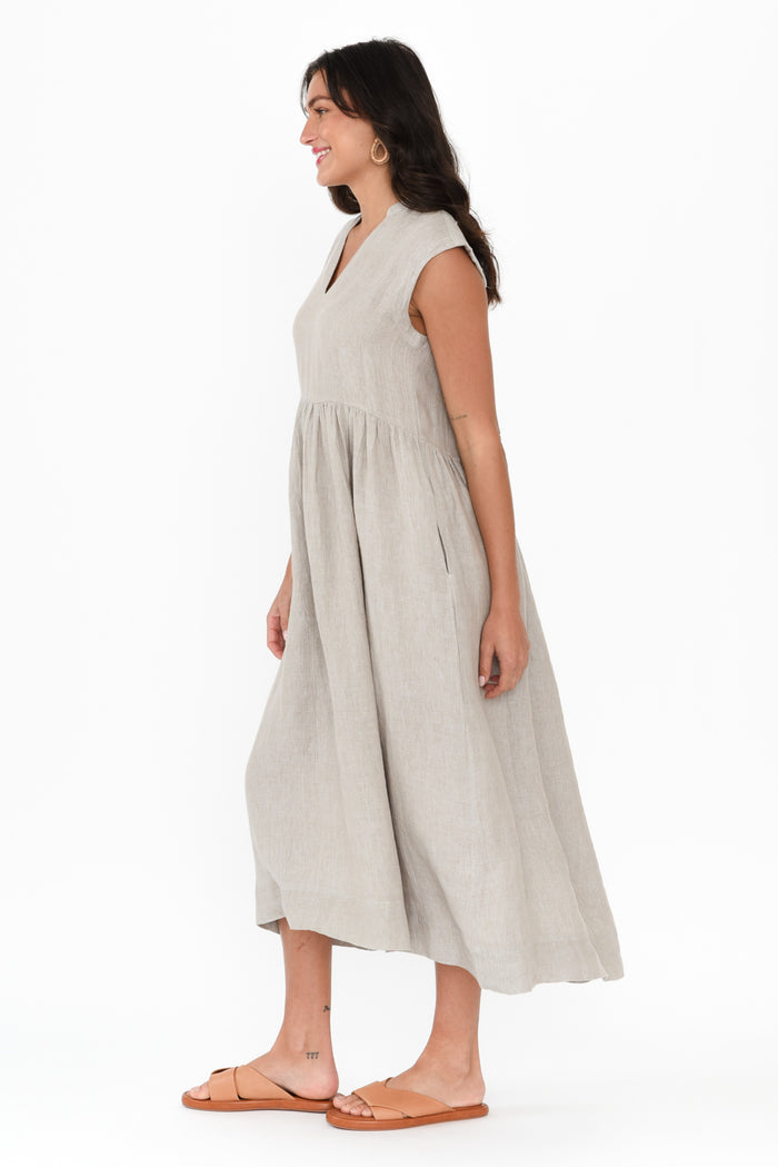Myra Grey Linen Midi Dress,Brunette model,alt text|model:Brontie