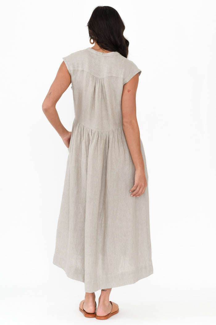 Myra Grey Linen Midi Dress,Brunette model,alt text|model:Brontie