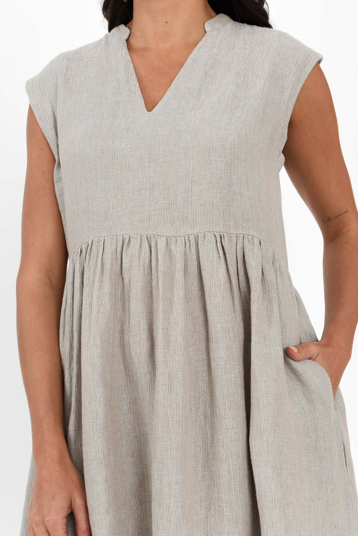 Myra Grey Linen Midi Dress,Brunette model,alt text|model:Brontie