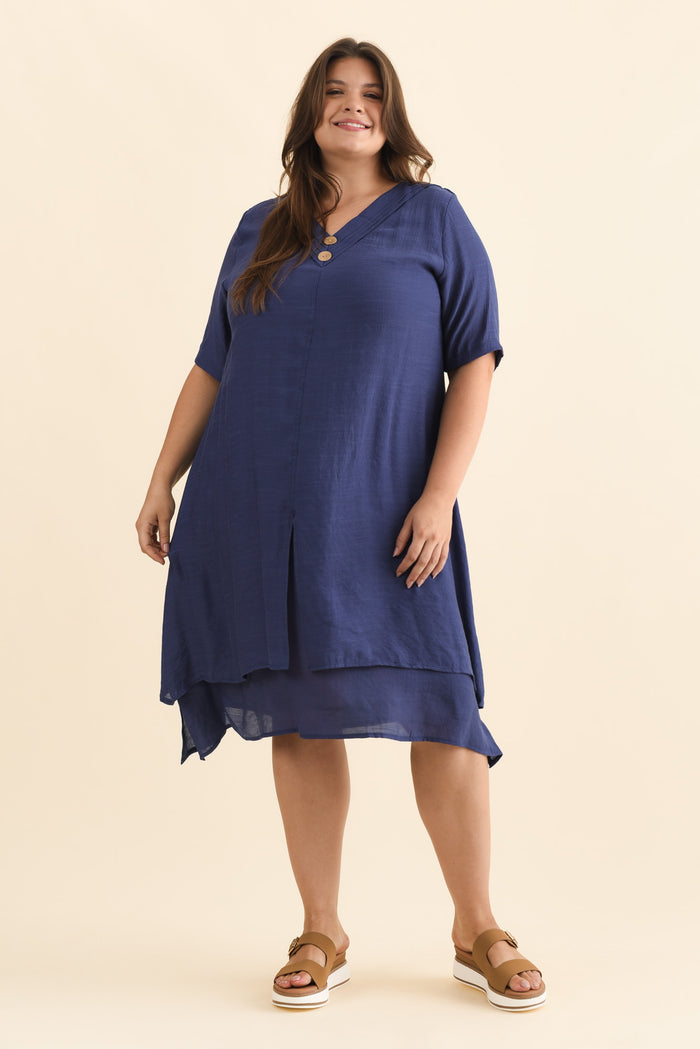 Nala Deep Blue Layers Dress,Brunette model,plus-size,curve-dresses,plus-size-sleeved-dresses,plus-size-below-knee-dresses,plus-size-cotton-dresses,plus-size-summer-dresses,alt text|model:Gabby