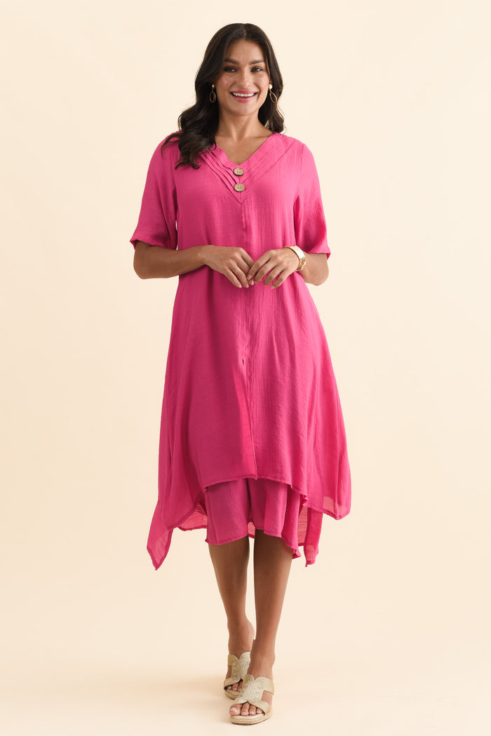 Nala Hot Pink Layers Dress,Brunette model,alt text|model:Brontie