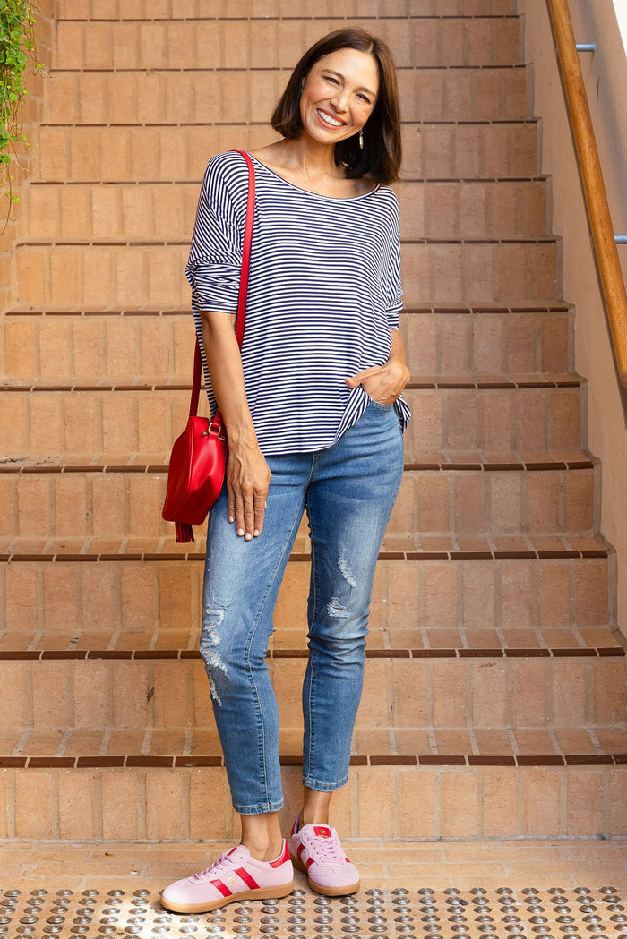 Navy and White Stripe Milan 3/4 Sleeve Top,Lifestyle