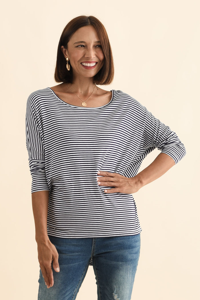 Navy and White Stripe Milan 3/4 Sleeve Top,Brunette model,alt text|model:Cara